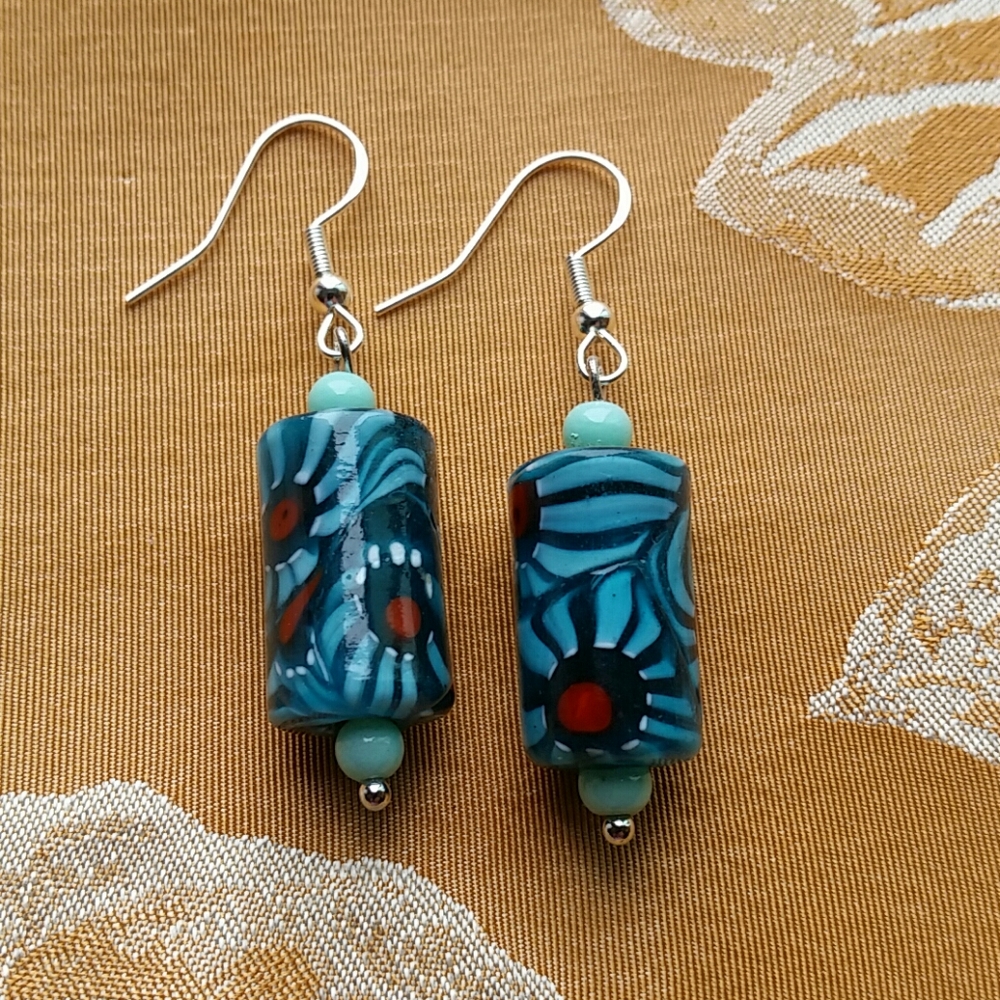 Floral Blue Artisan Art Glass Earrings Sterling Earwires